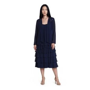 NWT‎ Ignite Evenings Dress Set Women's Size 16 Navy Blue Beaded Tiered Jacket